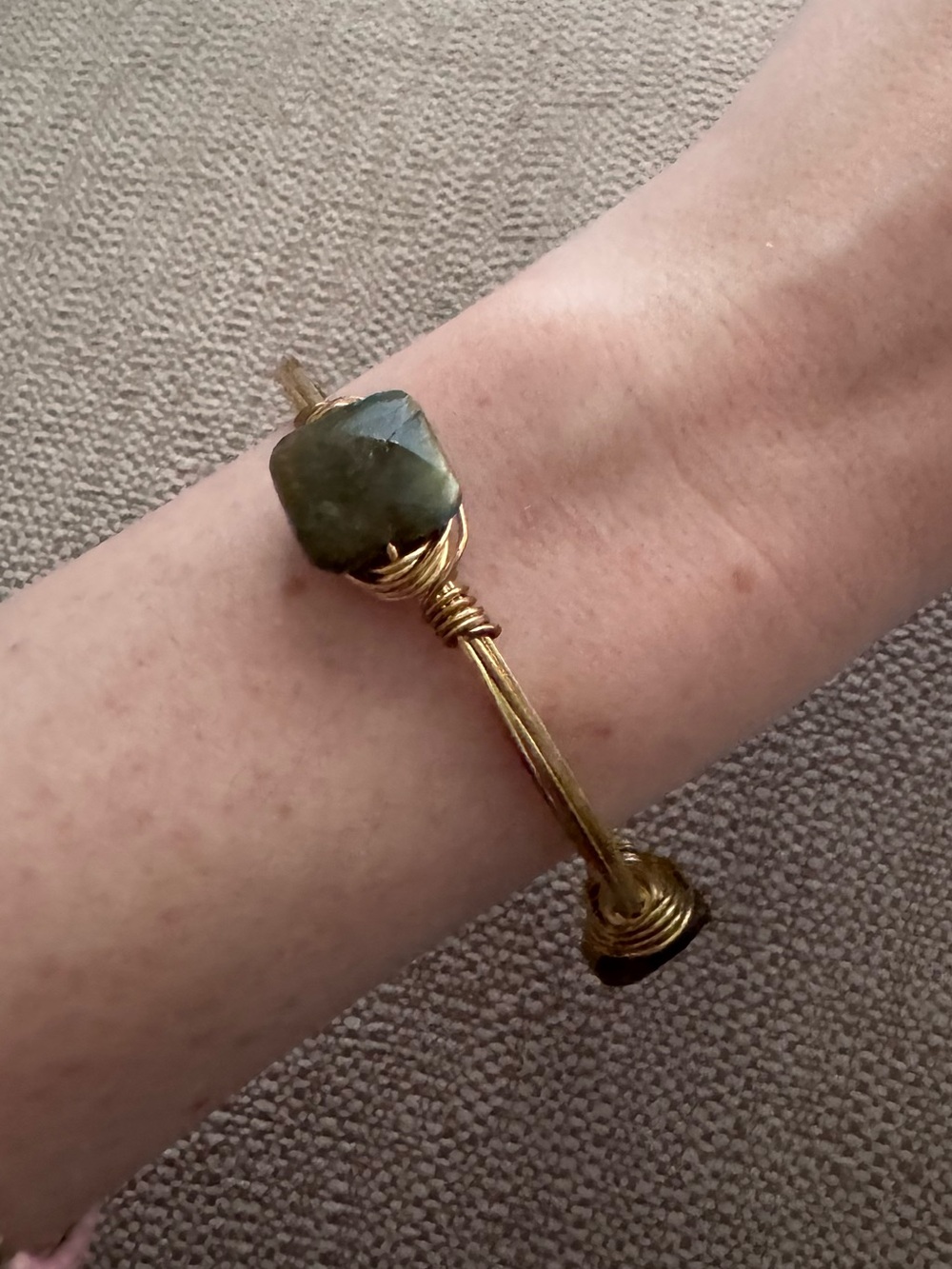 Gold Wire Bracelet with Green Stone Bead